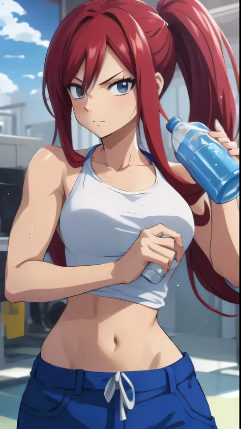 anime girl with red hair and blue shorts holding a bottle of water, Erza Scarlet como uma pessoa real, [ arte digital 4k ]!!,  anime drinks energy drink, garota anime sedutora,  apta, estilo anime 4k, 4K manga wallpaper, trabalhando fora, arte digital deta...