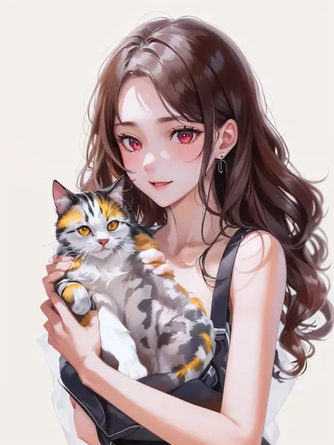 masterpiece，best picture quality，((Dark red wavy hair))，((Pure beauty with red eyes，Expose one ear))，((All black sleeveless suspender dress，Holding a white cat in both hands))，Wear silver moon pendant earrings，smile slightly，All white background，Extremely ...