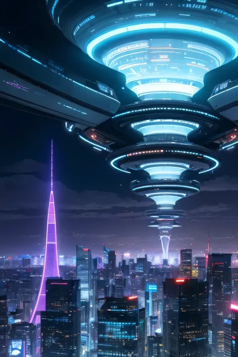 Wide shot of a vast, futuristic cityscape: Neon lights flicker, flying cars zip by, and towering skyscrapers pierce the clouds, setting the stage for the futuristic world of the anime.16:9 ratio