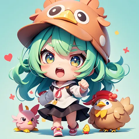 The character acted extremely angry.
The character raises his fist.
The character opens his mouth and shouts. , cartoon girl in a chicken costume with a hat and a hand,  kawaii cutest sticker ever, cute digital art, chibi girl, cute anime style, cute detai...