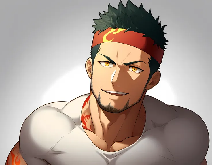 anime characters：guy, priapus, 1 young muscular man, male focus, flame tattoo, sport red headband, creamy white spandex tight t-...