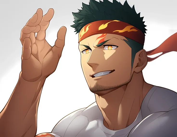 anime characters：Guy, Priapus, 1 young muscular man, male focus, Flame tattoo, Sport red headband, Creamy white spandex tight T-shirt, muscular male, muscular, only, Upper body, alone, short black hair, thick eyebrows, stubble, yellow eyes, White backgroun...