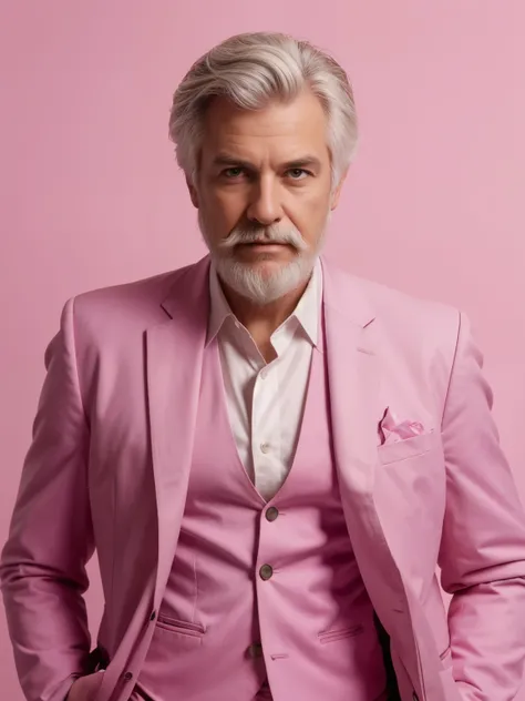 A super detailed photo，1boy, male focus, solo, facial hair, formal, beard, white hair, suit, pink pants, old, realistic, hands in pockets, pink jacket, mustache, old man, shirt, looking at viewer, jacket, pants, wrinkled skin, artist name, hand in pocket, ...