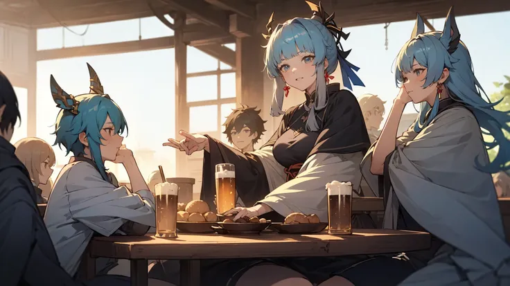 Anime character sitting at a table drinking beer,adventurer group, Genshin, tavern background, ayaka Genshin impact, isekai, DND Party, Azur Lane characters, popular isekai anime, From Arknights, From Dolls Frontline, Fate Grand Order, granblue fantasy, ay...