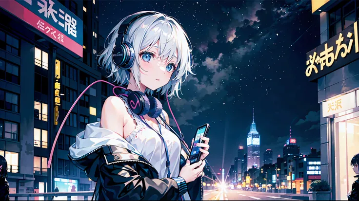 Girl listening to music through headphones、おしゃれなCity of night、girl listening to headphones、City of night、Fashionable and emotional atmosphere