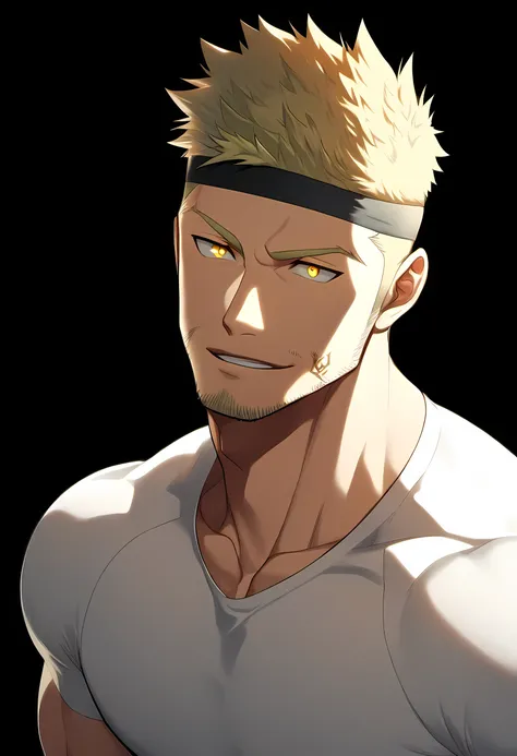 anime characters:Guy, Priapus, 1 young muscular man, male focus, Six pointed star tattoo on face, Sporty black headband, White spandex tight T-shirt, Milky white mucus at the corners of the mouth, muscular male, muscular, only, Upper body, alone, short yel...