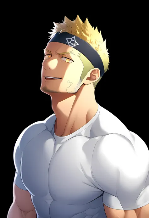 anime characters：Guy, Priapus, 1 young muscular man, male focus, Six pointed star tattoo on face, Sporty black headband, White spandex tight T-shirt, Milky white mucus at the corners of the mouth, muscular male, muscular, only, Upper body, alone, short yel...