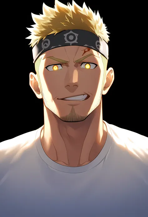 anime characters：guy, priapus, 1 young muscular man, male focus, six pointed star tattoo on face, sporty black headband, white s...