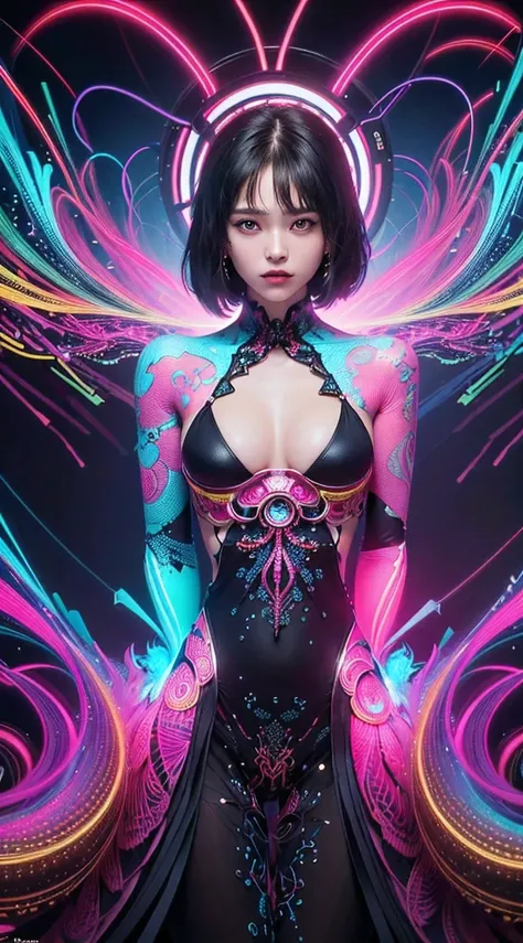 (masutepiece, of the highest quality, Best Quality, Official art, Beautiful and aesthetic:1.2), (1girl in:1.3), Extremely detailed,(Fractal Art:1.2),Colorful,highest details,( Zentangle Neon:1.2), (Dynamic Pose), (Abstract background neon:1.5), (Congressio...