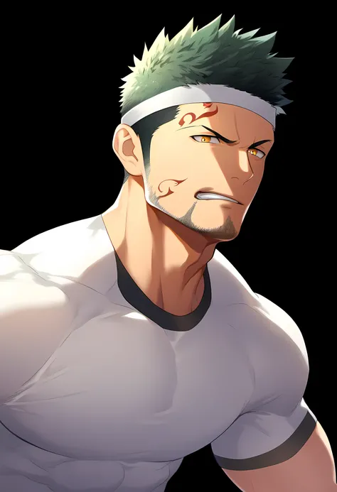 anime characters：Guy, Priapus, 1 young muscular man, male focus, Six pointed star tattoo on face, Sporty black headband, White spandex tight T-shirt, Milky white mucus at the corners of the mouth, muscular male, muscular, only, Upper body, alone, short yel...