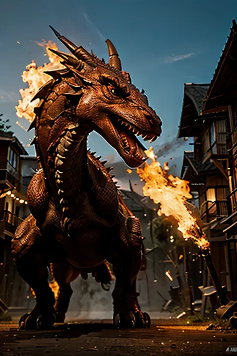 A giant dragon opens its mouth and spits out flames，Very detailed，best quality