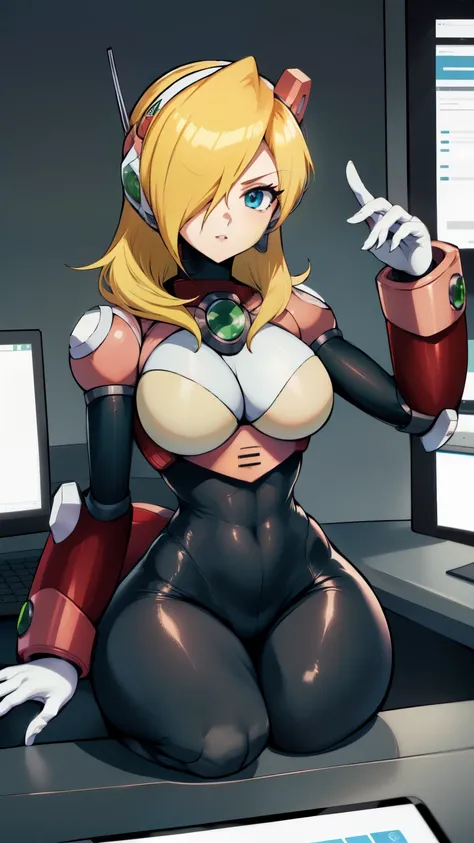 Alia_mega manx, 1 garota, sozinho, seios, olhos azuis, Cabelo loiro, android, Cabelos Longos, robot ears, sentado na cadeira em frente ao computador, laboratory, Parte Mestre, alta qualidade, hentai