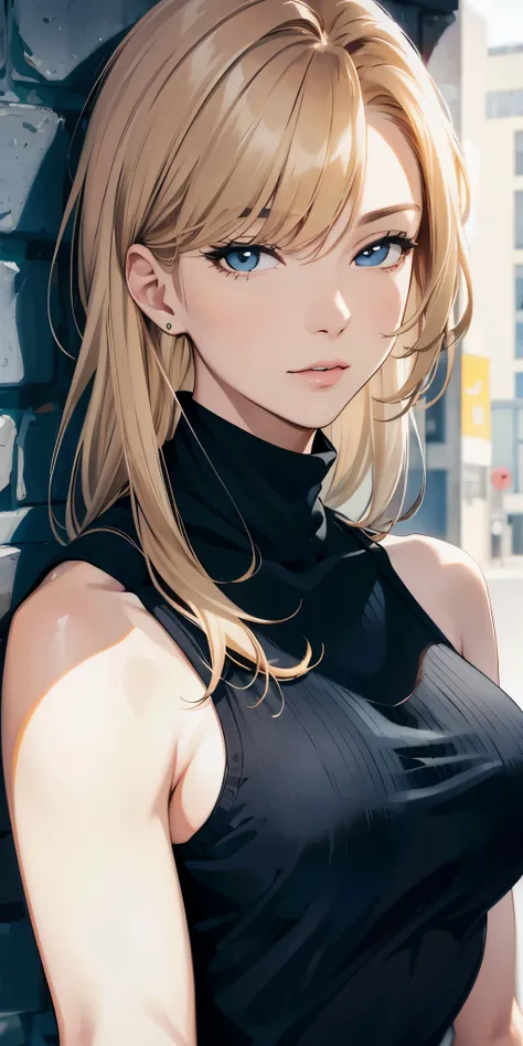 (best quality, highres), portrait, upper body, cool type adult woman, long hair, swept-side bangs, [[[brown hair]]], blonde hair, brown eyes, turtle neck tank top, big breast, plain wall, ultra detailed cg,
 
