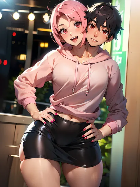 (2heads:1.1), (1boy:1.1), (male female couple), red eyes, short pink hair, short blonde hair, cute, (masculine:1.5), (masterpiece), (high quality), (best resolution), :D, cute face, black nails, looking at viewer, anime convention, beautiful background, ha...