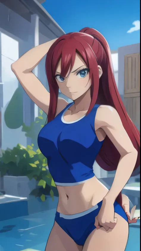 anime girl with red hair and blue shorts holding a bottle of water, Erza Scarlet como uma pessoa real, [ arte digital 4k ]!!,  anime drinks energy drink, garota anime sedutora,  apta, estilo anime 4k, 4K manga wallpaper, trabalhando fora, arte digital deta...