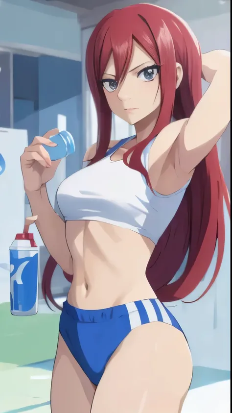 anime girl with red hair and blue shorts holding a bottle of water, Erza Scarlet como uma pessoa real, [ arte digital 4k ]!!,  anime drinks energy drink, garota anime sedutora,  apta, estilo anime 4k, 4K manga wallpaper, trabalhando fora, arte digital deta...