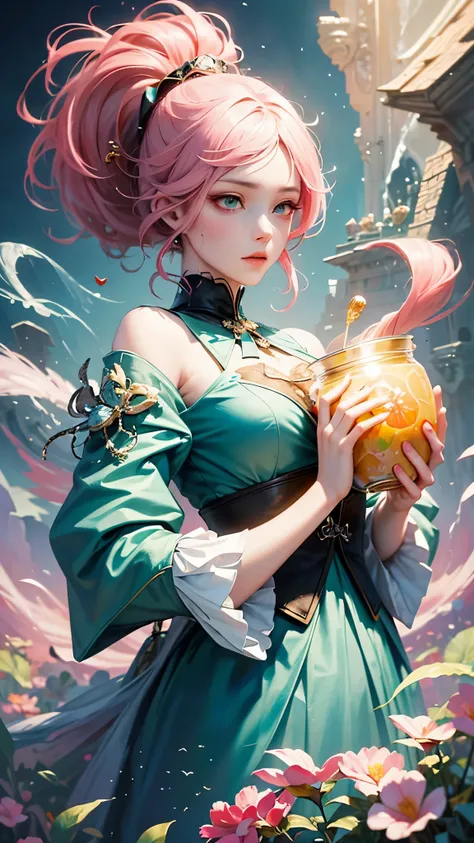 official art，unity 8k wallpaper，Super detailed，Beauty and Aestheticasterpiece，best quality，（tangled，mandala，tangled，entangled），（Fractal art：1.3），1 girl，pink hair，green eyes，The content is very detailed，Dynamic angle，cow boy shooting，Chaos in its most beaut...