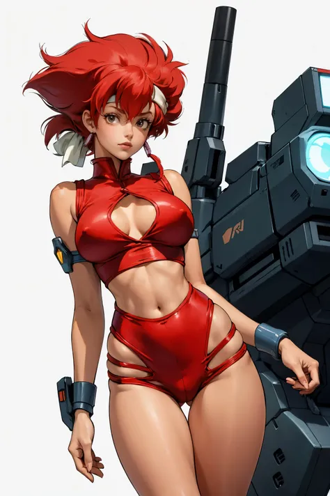 Kei from The Dirty Pair, , wearing a tight outfit, frame, legs, medium breast, red hair beauty, cyberpunk city background, holding retro space-gun, headband, slim waist, slim thighs, thigh gap