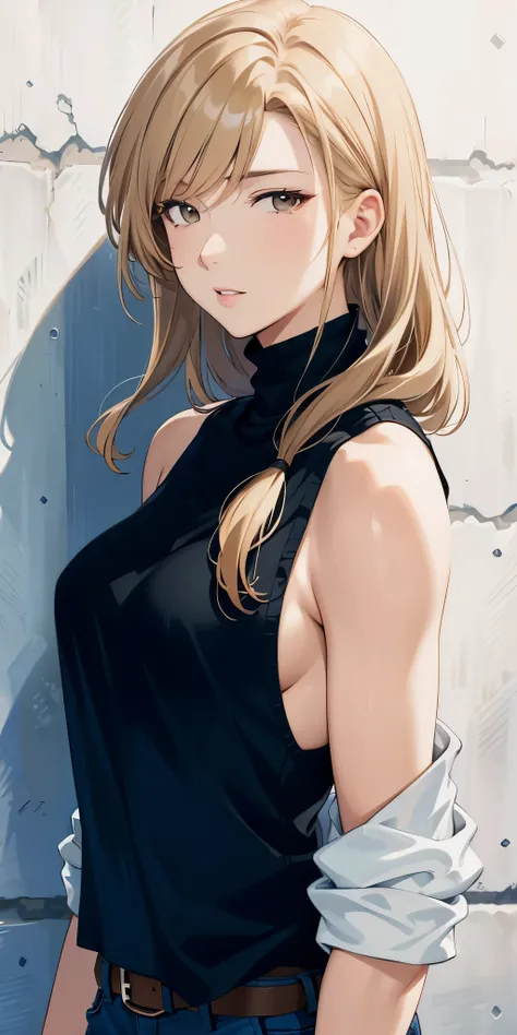 (best quality, highres), portrait, upper body, cool type adult woman, long hair, swept-side bangs, [[[brown hair]]], blonde hair, brown eyes, turtle neck tank top, big breast, plain wall, ultra detailed cg,
 