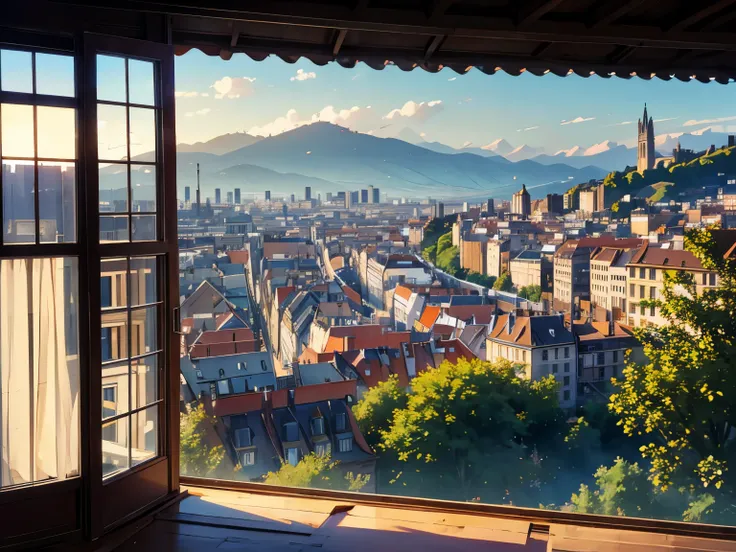 skyline of lyon on a hillside seen through a window