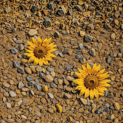 sunflower，on stone ground。look down，actual，HD，everyday，best quality，sunflower花瓣，精緻actual，texture