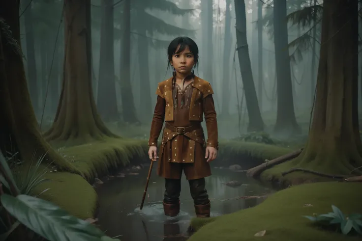 Fairytale Kingdom of Fantasia. ((((10-year-old)) Atreyu)), olive-green skin, athletic, brave, wise, in the foggy sadness swamp, ((exhausted expression)). ((((suede and leather indigenous clothings)))), ((bluish-black hairstyle))