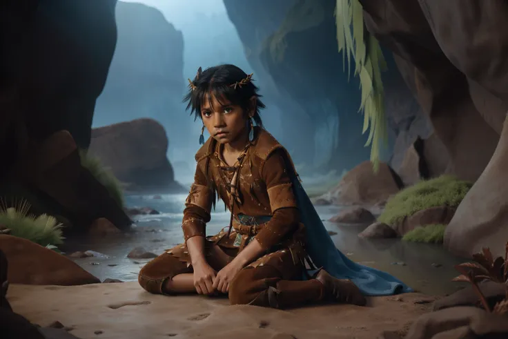 Fairytale Kingdom of Fantasia. ((((10-year-old)) Atreyu)), olive-green skin, athletic, brave, wise, in a desert rocky abyss, arid, ((exhausted expression)). ((((suede and leather indigenous clothings)))), ((bluish-black hairstyle))