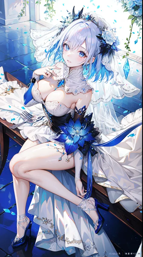 (best quality)+,(on the table)++,(Super detailed)++, Masterpiece Top Quality Super Fine Illustration High Detail Lighting Perfect Lighting, (1 bride:1.3),, First class female body, Perfect body, beautiful breasts, View from the front, from above, delicate ...