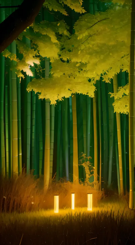 Amidst the stillness of the night, a tranquil bamboo forest comes alive with the gentle rustling of bamboo leaves as they dance with the whispering wind. The serene forest is bathed in the ethereal glow of a full moon, casting long, elongated shadows of th...