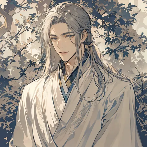 male，mature man，Handsome，simple pictures，Anime style gentle，antiquity，long gown，long hair，Calm