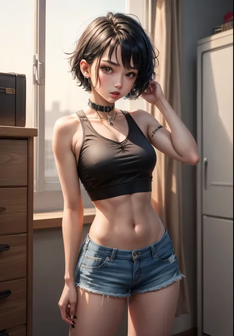 masterpiece, best quality, highres, absurdres, 8k, 4k, official art, 1girl, black hair, short hair, small breasts, facing viewer, full body pic, goth, gothic, high school girl, teen, crop top, ripped short shorts, piercings, neck collar,