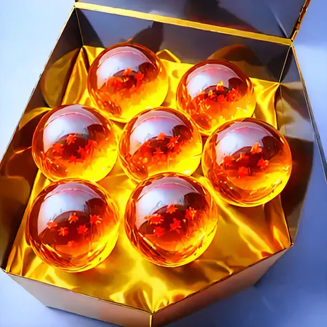 a close up of a box of six red dragon balls, dragonball, dragon ball, dbz, 红色立方体上的玻璃ball, dragonball z, very detailed product ph...