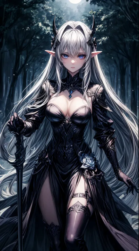 masterpiece,highest quality,Ultra high definition, Under the moonlight, a dark elf warrior stands quietly in a deep forest. Her silver hair blends into the darkness of the night, and her cold blue eyes stare into the distance. Her skin is pale, her ears lo...