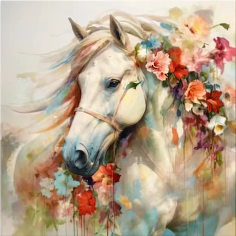 There are some flowers around the white horse, colorful, Warm colors, And the screen is very clean