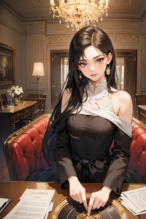 (table top, digital art, digital illustration,like the photo、4k, 8k, Super detailed, beautiful images, clear image, realistic, RAW photo, perfect face, perfect lines, perfect eyes,) 1 female, (long black hair,straight hair,bullish look,Beautiful woman,suit...