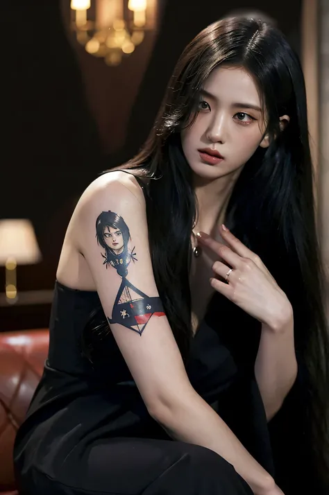 Tattoo girl, Very beautiful, long hairstyle, messy hair, killing intent, Handsome man, betrayal, irate, Dark background, 8K, Dynamic Wallpapers, Very delicate, Very dense, dinamic pose, dinamic style, masterpiece, gangsta, mafia, tatto body, mafia tatto, b...