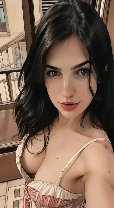 close-up, looking at viewer, girl in, age25, Solo, Aesthetic artwork, irish, wavy hair, long black hair, pale skin, A-cup, runners body, (gape, textured skin, skin pores, open mouth:1.1), goosebumps, in a red sundress, downblouse, sexy, taking a close-up s...