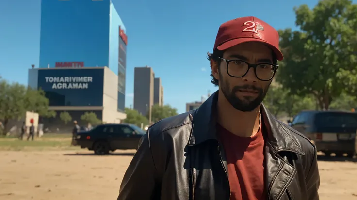 ((A eljhzubl man)) with glasses and red baseball cap in terminator 2, highest quality cinematic movie stills