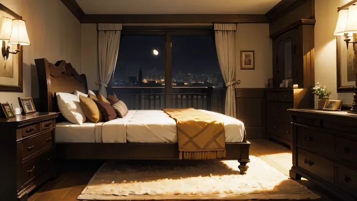 Traditional and luxurious Western-style building、large bedroom、red bed、night、Moonlight、