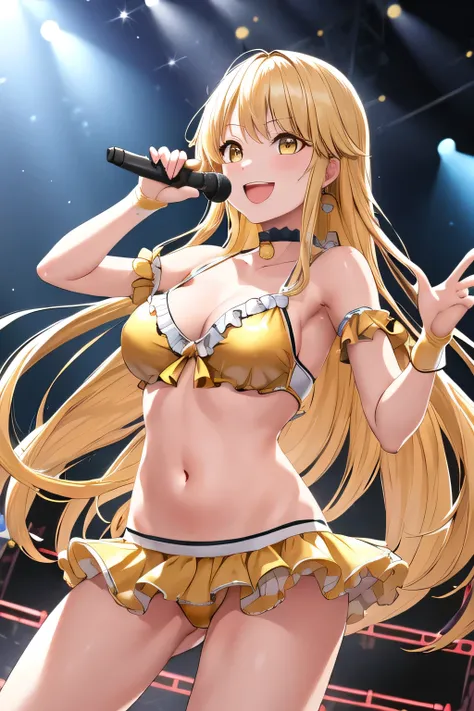 masterpiece, highest quality, High resolution, long hair, blonde hair, dull bangs, choker, frills, golden bikini, sleeveless, yellow gloves,, stage, I have a microphone, smile, open your mouth, Are standing