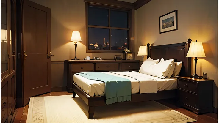 Traditional and luxurious Western-style building、large bedroom、red bed、night、Moonlight、