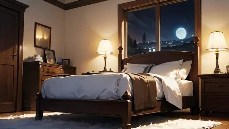 Traditional and luxurious Western-style building、large bedroom、red bed、night、Moonlight、