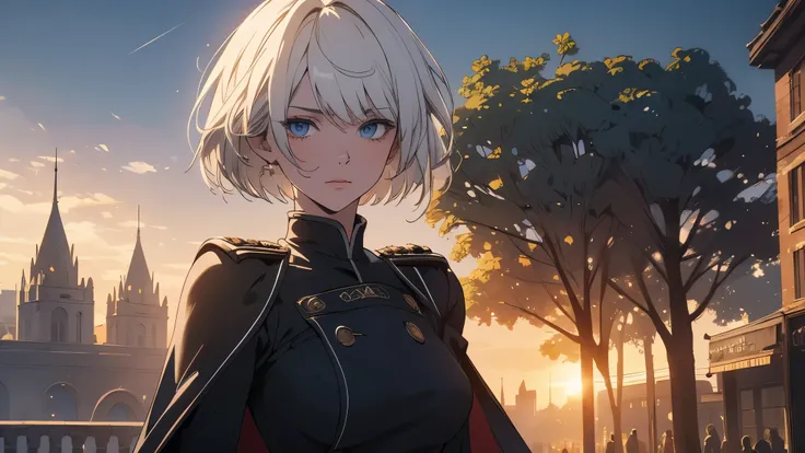 (extremely detailed CG unity 8k wallpaper), (masterpiece), (best quality), (ultra-detailed), (best illustration), (best shadow), (absurdres) ,(detailed eyes), 2b, 1girl, short hair, white hair, solo, Intimidating women, admiral uniform, night, hero pose, w...