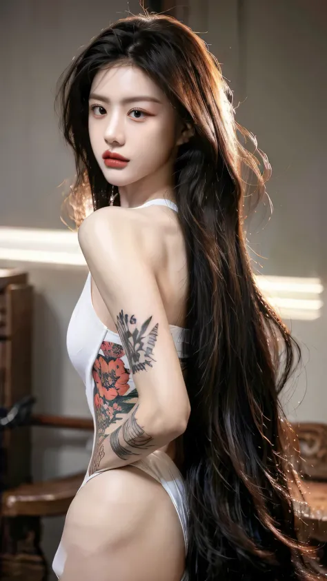 Tattoo girl, Very beautiful, super long hairstyle, messy hair, killing intent, Handsome man, betrayal, irate, Dark background, 8K, Dynamic Wallpapers, Very delicate, Very dense, dinamic pose, dinamic style, masterpiece, gangsta, mafia, tatto body, mafia ta...