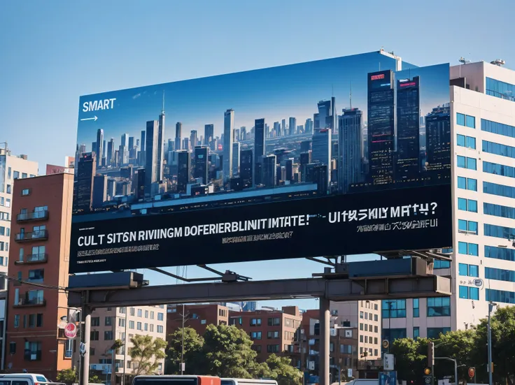 Make a billboard that says smart city on it, so that this billboard is in the middle of a city