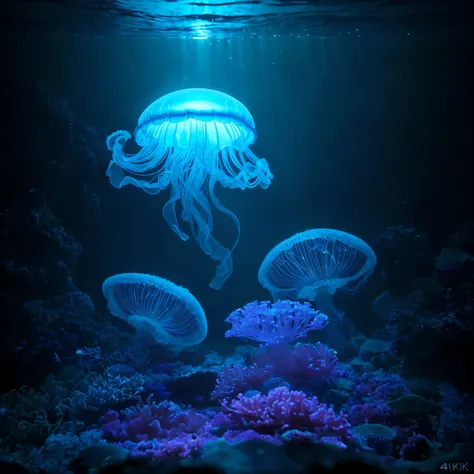 Eine leuchtende Qualle, die unter Wasser schwimmt,durchscheinend,Body,Meereslebewesen,Meereslebewesen,beautiful tentacles,(best quality,4k,8k,highres,Meisterwerk:1.2),ultradetailliert,(Realistisch,photoRealistisch,photo-Realistisch:1.37),Unterwasserfotogra...