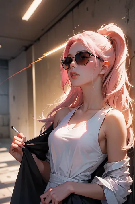 Masterpiece, best quality, a 22 year old girl, light pink hair, wearing sunglasses, smoking a cigarette, ultra detailed, high-res, Unreal Engine, light strokes, 