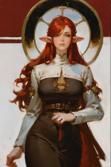 portraiture art of an elf woman, modern clothing, red hair, thick black outlines, character design, character concept art, loose...