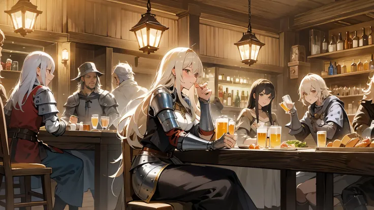 anime medieval europe,night,A lively tavern,adventurer group,wearing armor,Scenery of the tavern,celebrate with beer,smile,