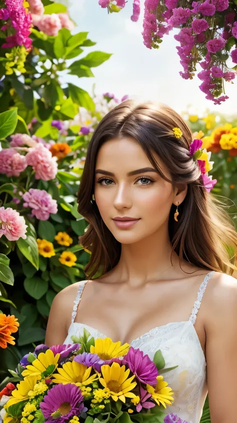 holding a bouquet of colorful flowers in a vibrant garden, surrounded by butterflies and basking in the warm sunlight. (best quality, highres, ultra-detailed), (portrait, outdoor), (bright and vibrant colors), (soft and dreamy lighting), (realistic).